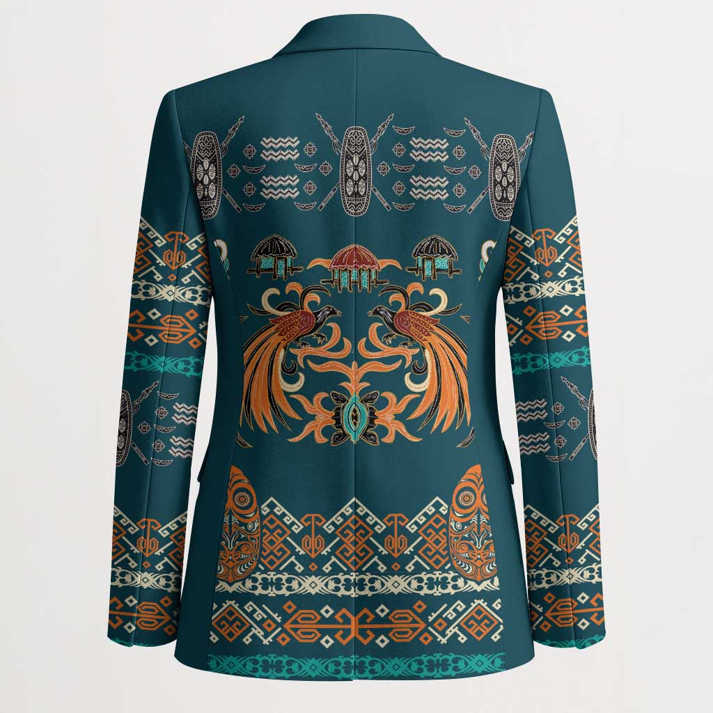 Dark Cyan Blue Batik Papua-inspired Pattern Blazer - Polynesian Pride