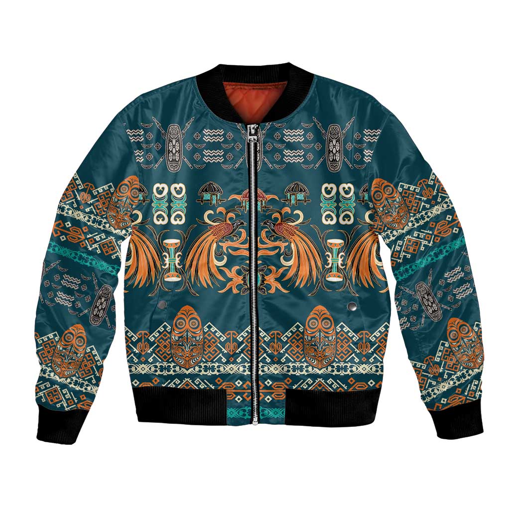 Dark Cyan Blue Batik Papua-inspired Pattern Bomber Jacket - Polynesian Pride