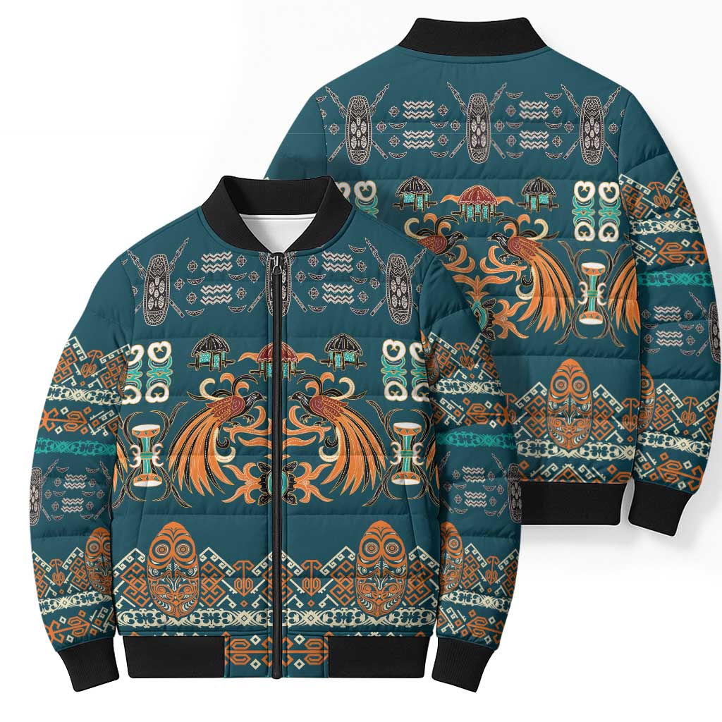 Dark Cyan Blue Batik Papua-inspired Pattern Bomber Puffer Jacket - Polynesian Pride