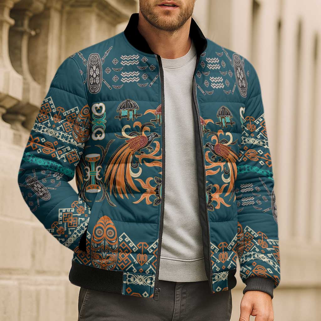 Dark Cyan Blue Batik Papua-inspired Pattern Bomber Puffer Jacket - Polynesian Pride
