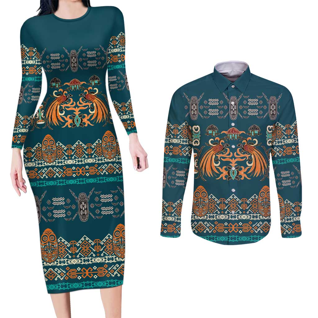 Dark Cyan Blue Batik Papua-inspired Pattern Couples Matching Long Sleeve Bodycon Dress and Long Sleeve Button Shirt - Polynesian Pride