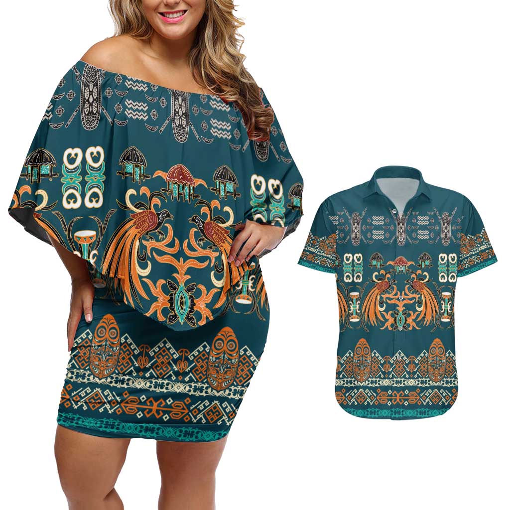 Dark Cyan Blue Batik Papua-inspired Pattern Couples Matching Off Shoulder Short Dress and Hawaiian Shirt - Polynesian Pride