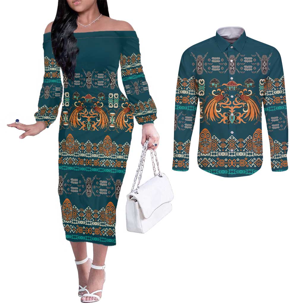 Dark Cyan Blue Batik Papua-inspired Pattern Couples Matching Off The Shoulder Long Sleeve Dress and Long Sleeve Button Shirt - Polynesian Pride