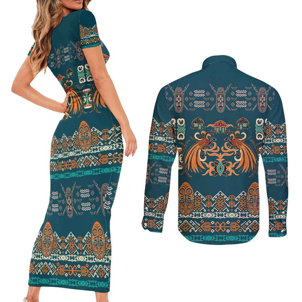 Dark Cyan Blue Batik Papua-inspired Pattern Couples Matching Short Sleeve Bodycon Dress and Long Sleeve Button Shirt - Polynesian Pride