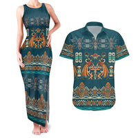 Dark Cyan Blue Batik Papua-inspired Pattern Couples Matching Tank Maxi Dress and Hawaiian Shirt - Polynesian Pride