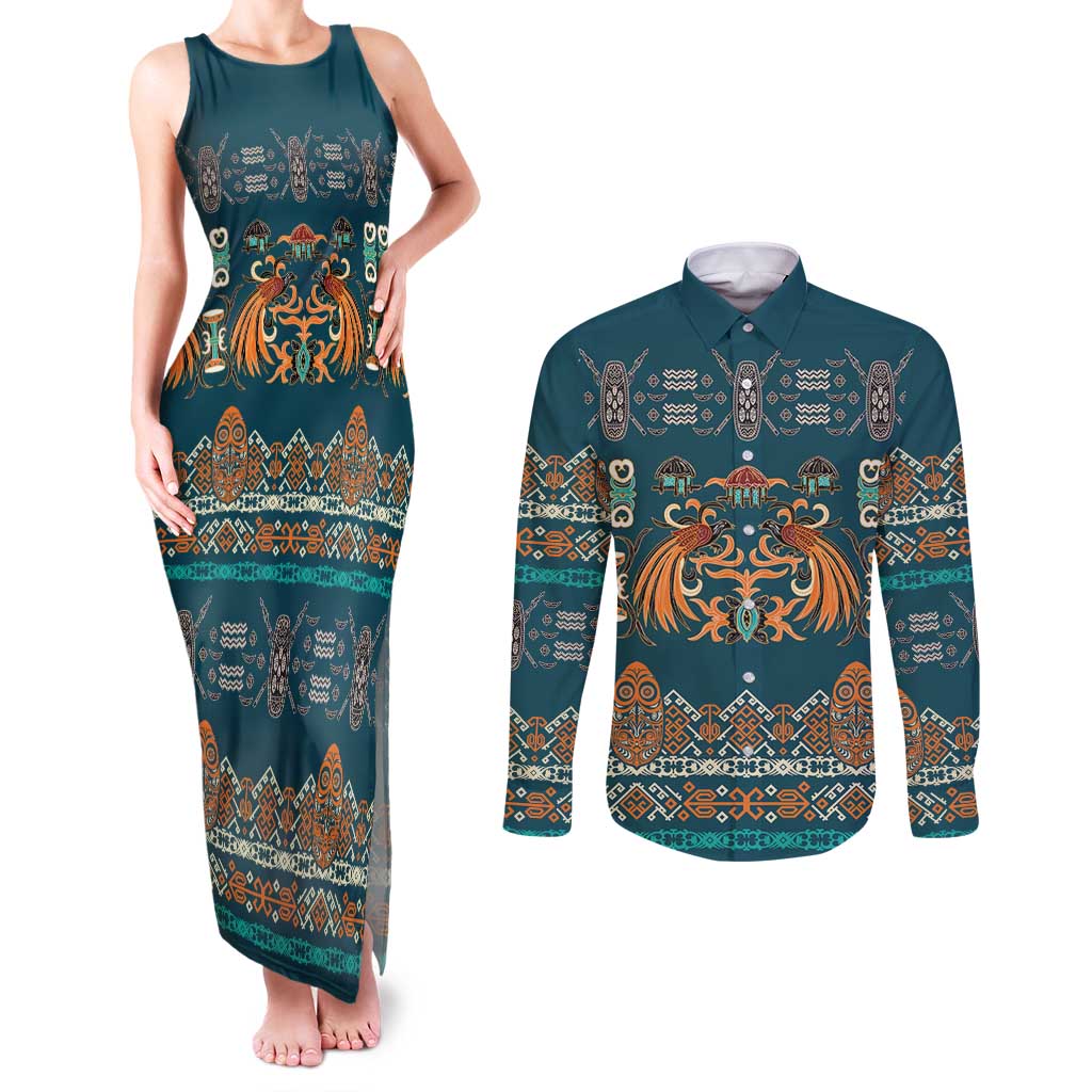 Dark Cyan Blue Batik Papua-inspired Pattern Couples Matching Tank Maxi Dress and Long Sleeve Button Shirt LT9 Blue - Polynesian Pride
