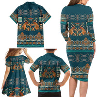 Dark Cyan Blue Batik Papua-inspired Pattern Family Matching Long Sleeve Bodycon Dress and Hawaiian Shirt - Polynesian Pride