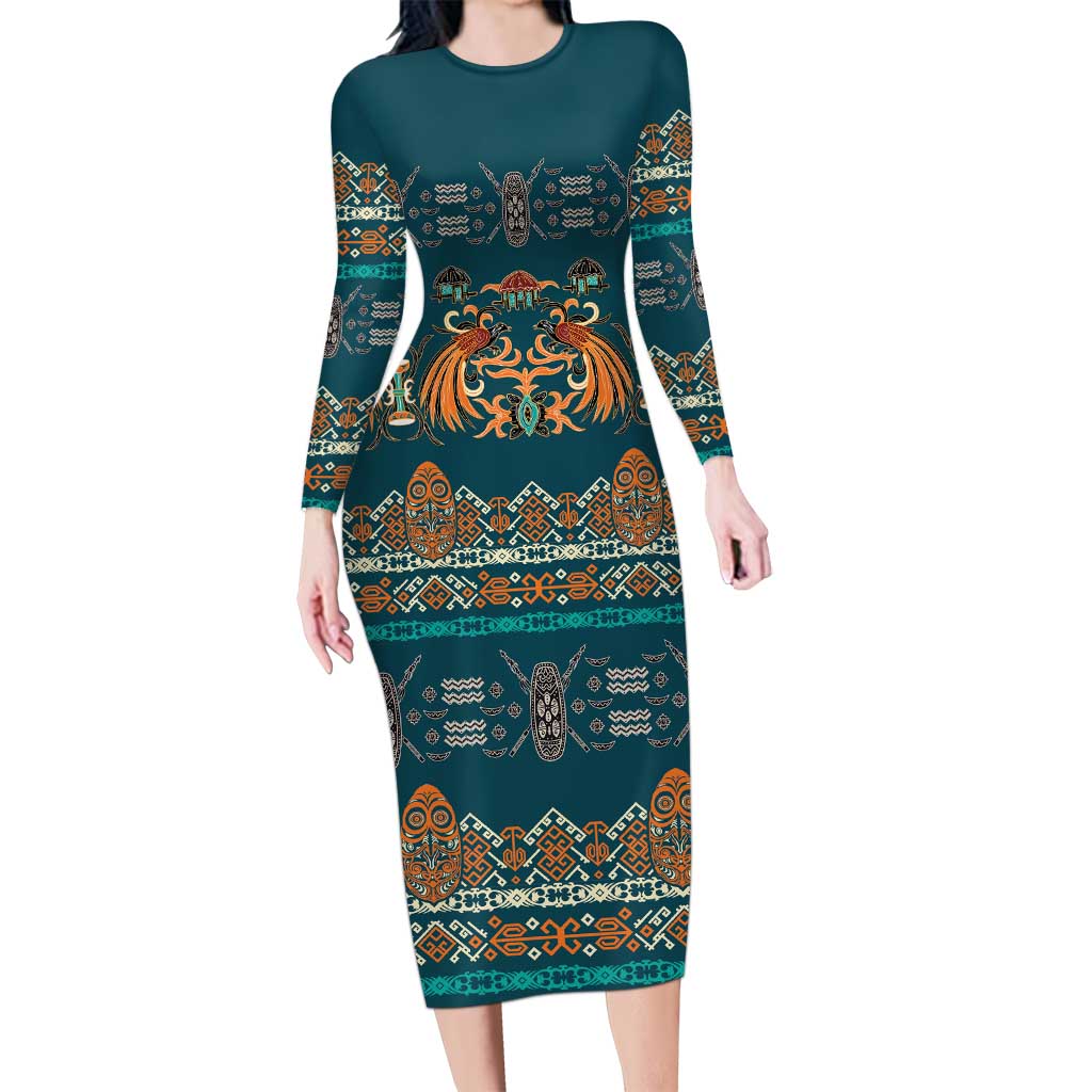 Dark Cyan Blue Batik Papua-inspired Pattern Family Matching Long Sleeve Bodycon Dress and Hawaiian Shirt - Polynesian Pride