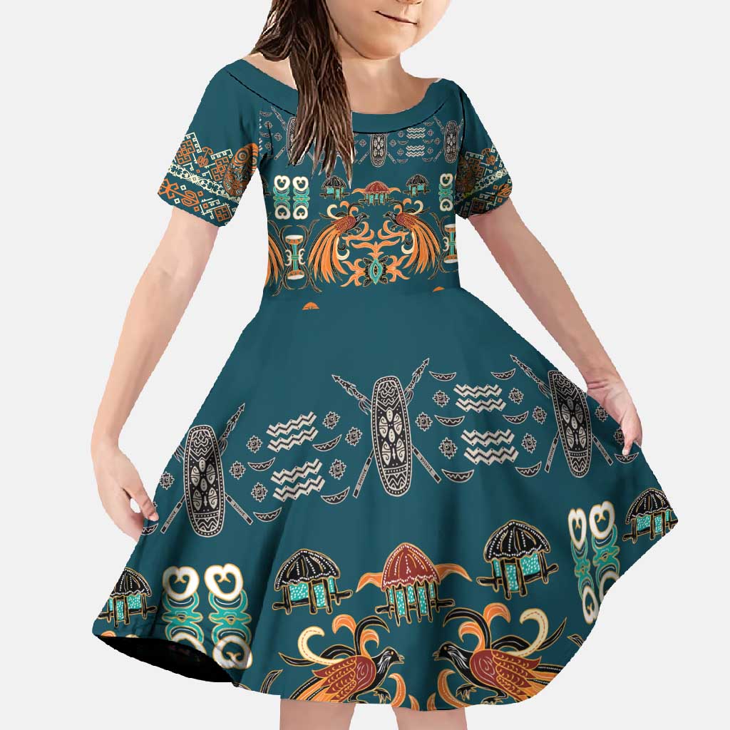 Dark Cyan Blue Batik Papua-inspired Pattern Family Matching Mermaid Dress and Hawaiian Shirt - Polynesian Pride