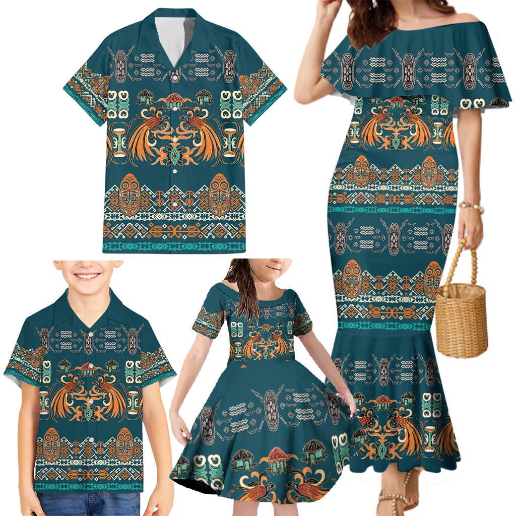 Dark Cyan Blue Batik Papua-inspired Pattern Family Matching Mermaid Dress and Hawaiian Shirt - Polynesian Pride