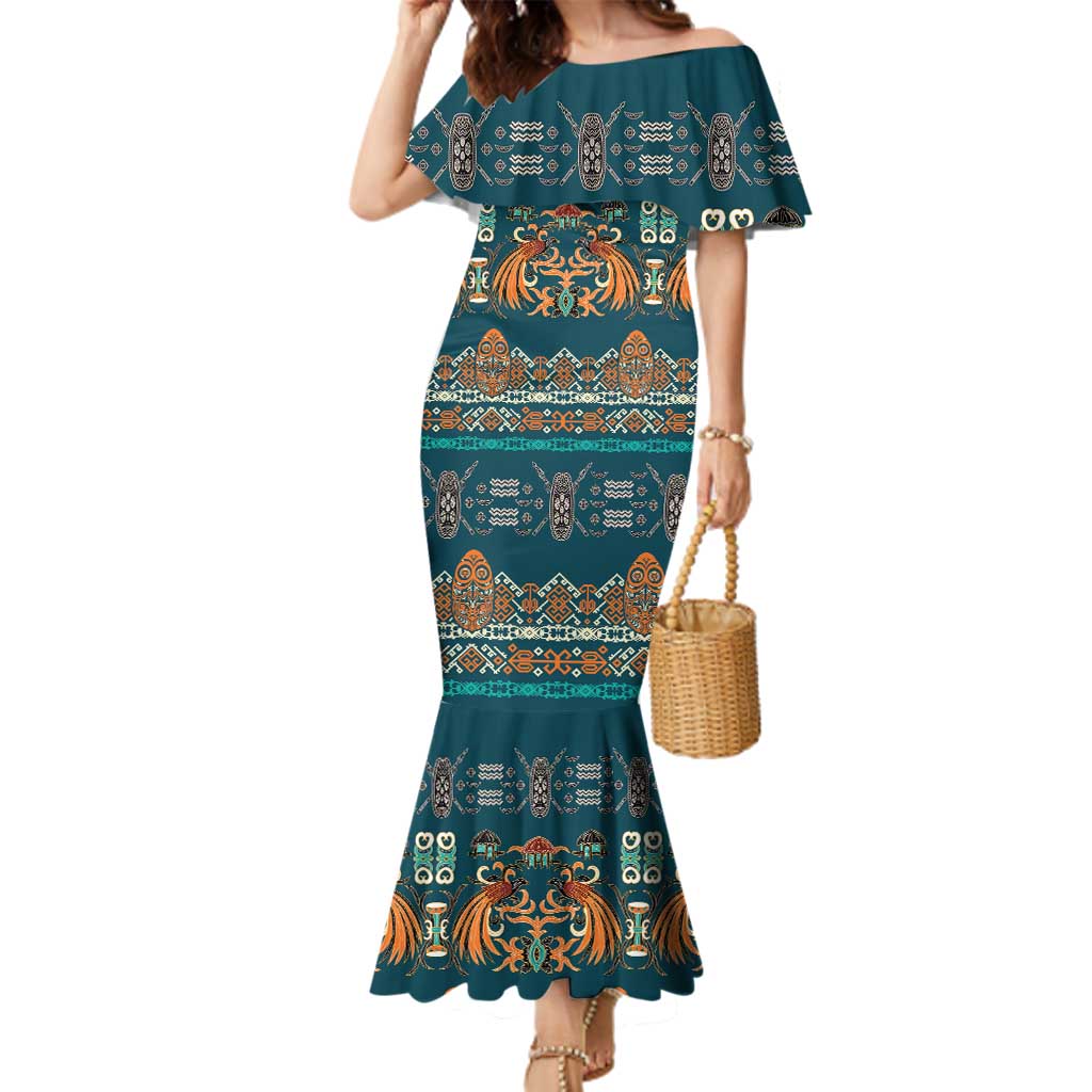 Dark Cyan Blue Batik Papua-inspired Pattern Family Matching Mermaid Dress and Hawaiian Shirt - Polynesian Pride