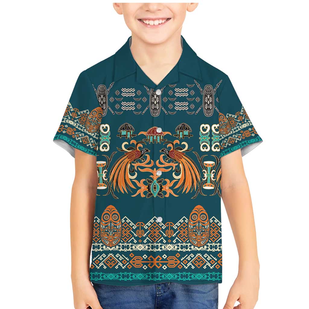 Dark Cyan Blue Batik Papua-inspired Pattern Family Matching Mermaid Dress and Hawaiian Shirt - Polynesian Pride