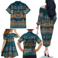 Dark Cyan Blue Batik Papua-inspired Pattern Family Matching Off The Shoulder Long Sleeve Dress and Hawaiian Shirt - Polynesian Pride
