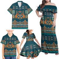 Dark Cyan Blue Batik Papua-inspired Pattern Family Matching Off Shoulder Maxi Dress and Hawaiian Shirt - Polynesian Pride