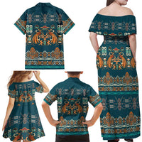 Dark Cyan Blue Batik Papua-inspired Pattern Family Matching Off Shoulder Maxi Dress and Hawaiian Shirt - Polynesian Pride
