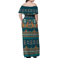 Dark Cyan Blue Batik Papua-inspired Pattern Family Matching Off Shoulder Maxi Dress and Hawaiian Shirt - Polynesian Pride