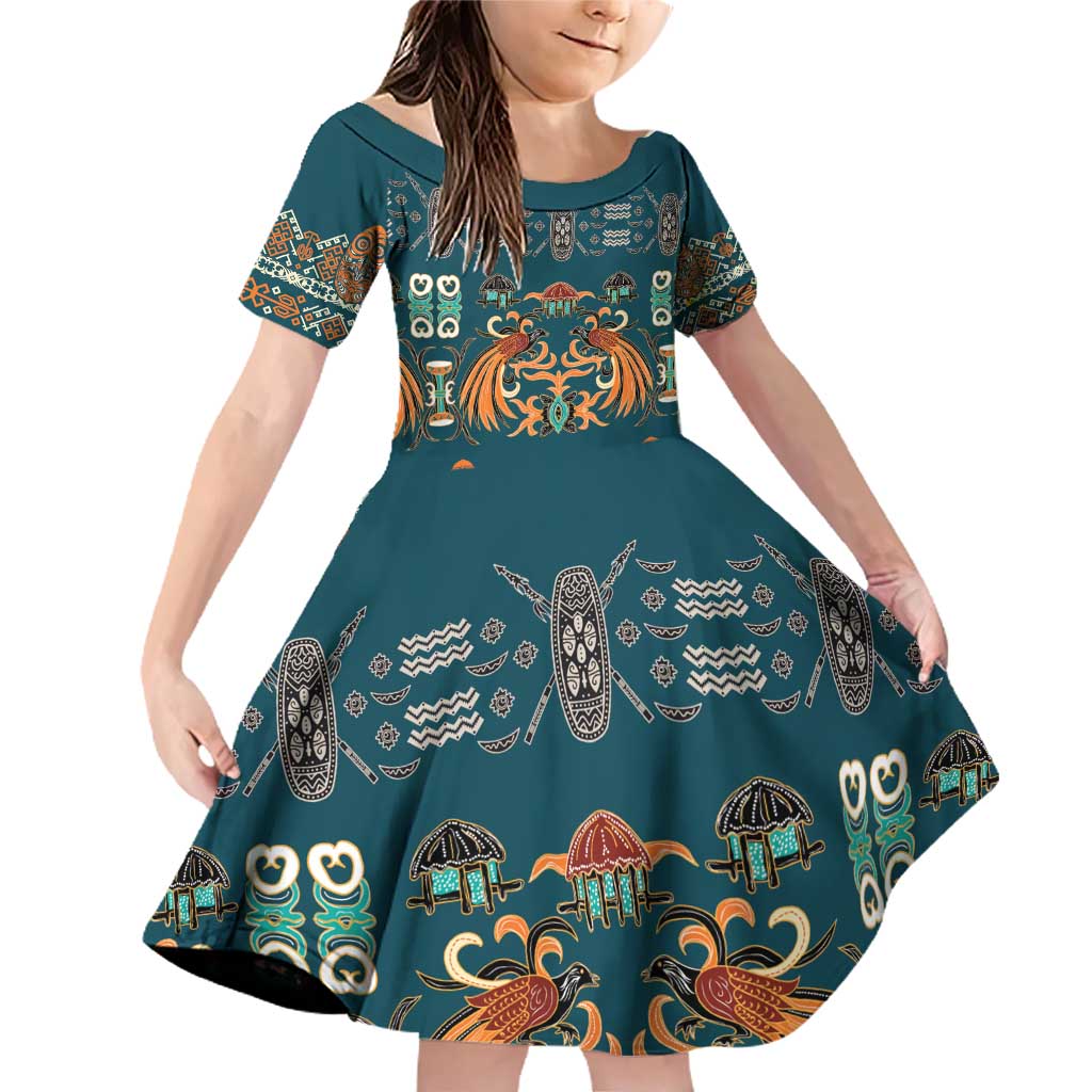 Dark Cyan Blue Batik Papua-inspired Pattern Family Matching Off Shoulder Short Dress and Hawaiian Shirt - Polynesian Pride