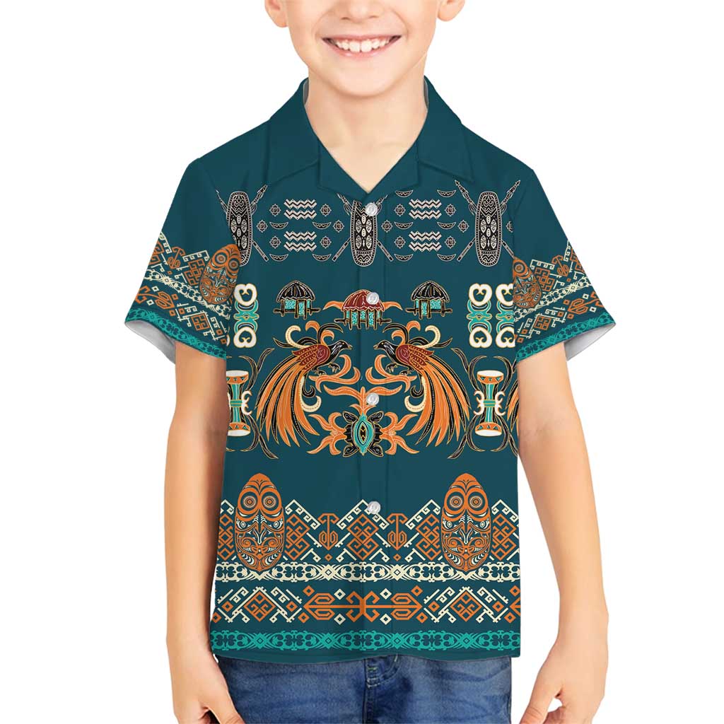 Dark Cyan Blue Batik Papua-inspired Pattern Family Matching Off Shoulder Short Dress and Hawaiian Shirt - Polynesian Pride