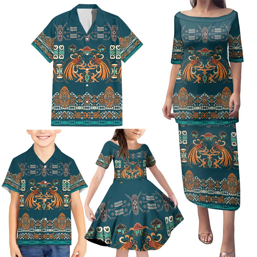 Dark Cyan Blue Batik Papua-inspired Pattern Family Matching Puletasi and Hawaiian Shirt - Polynesian Pride