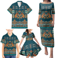 Dark Cyan Blue Batik Papua-inspired Pattern Family Matching Puletasi and Hawaiian Shirt - Polynesian Pride