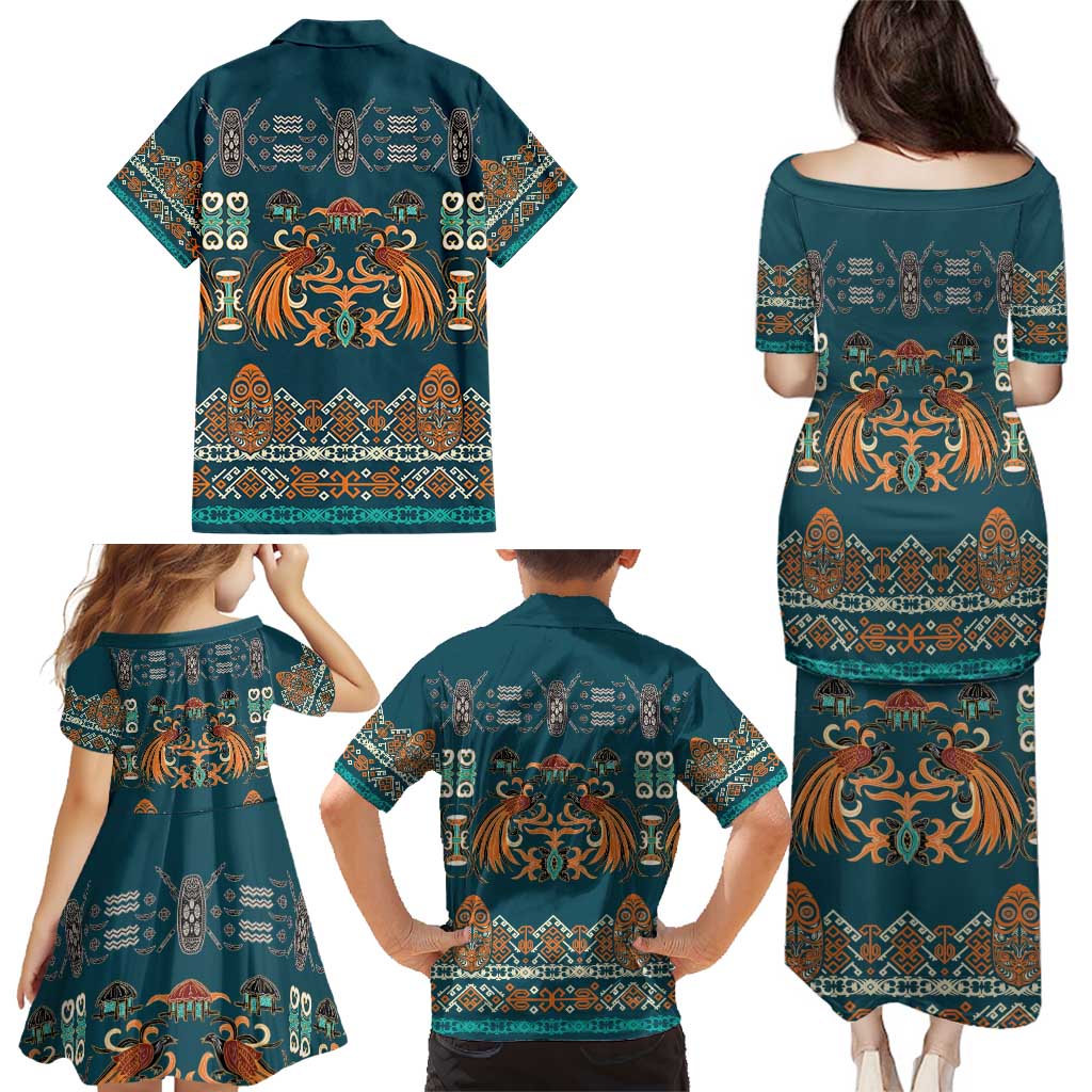 Dark Cyan Blue Batik Papua-inspired Pattern Family Matching Puletasi and Hawaiian Shirt - Polynesian Pride