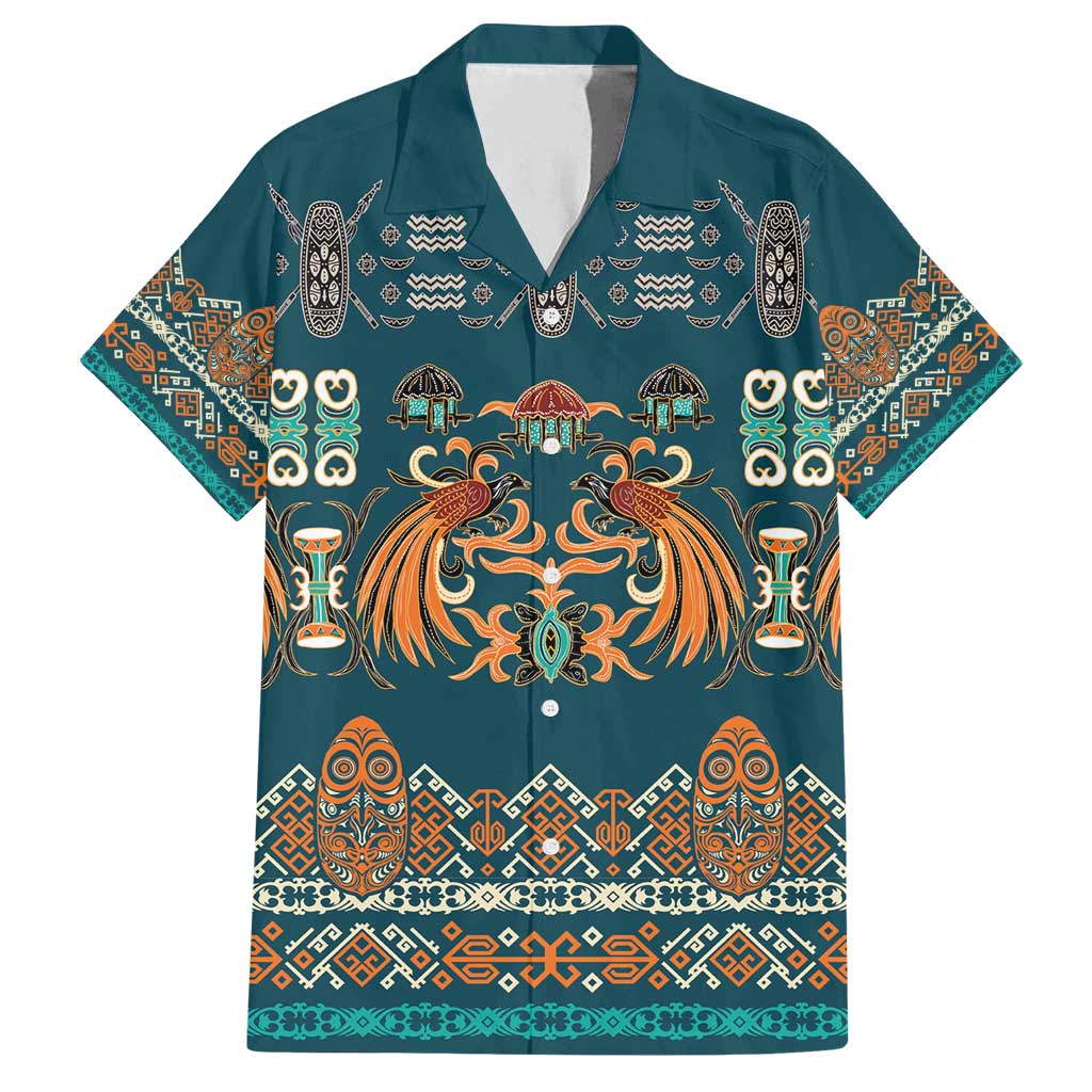 Dark Cyan Blue Batik Papua-inspired Pattern Family Matching Puletasi and Hawaiian Shirt - Polynesian Pride