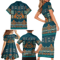 Dark Cyan Blue Batik Papua-inspired Pattern Family Matching Short Sleeve Bodycon Dress and Hawaiian Shirt - Polynesian Pride