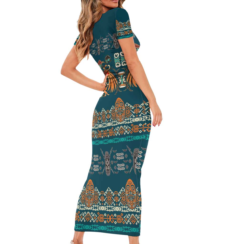 Dark Cyan Blue Batik Papua-inspired Pattern Family Matching Short Sleeve Bodycon Dress and Hawaiian Shirt - Polynesian Pride