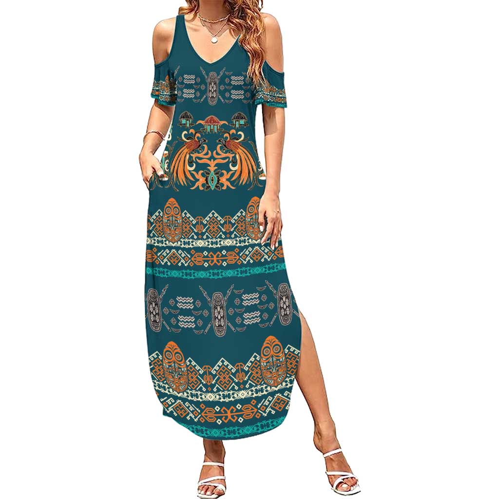 Dark Cyan Blue Batik Papua-inspired Pattern Family Matching Summer Maxi Dress and Hawaiian Shirt - Polynesian Pride