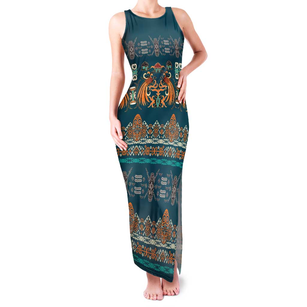 Dark Cyan Blue Batik Papua-inspired Pattern Family Matching Tank Maxi Dress and Hawaiian Shirt - Polynesian Pride