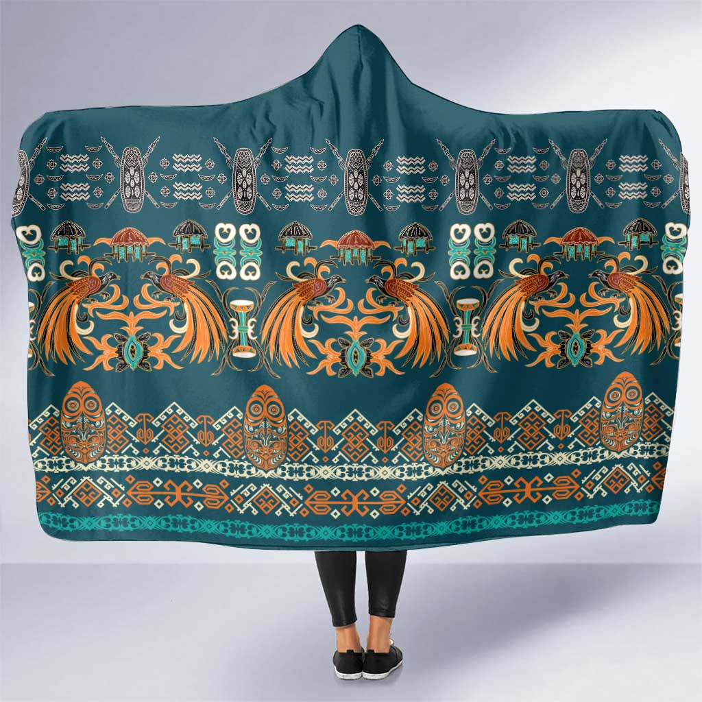 Dark Cyan Blue Batik Papua-inspired Pattern Hooded Blanket LT9 One Size Blue - Polynesian Pride