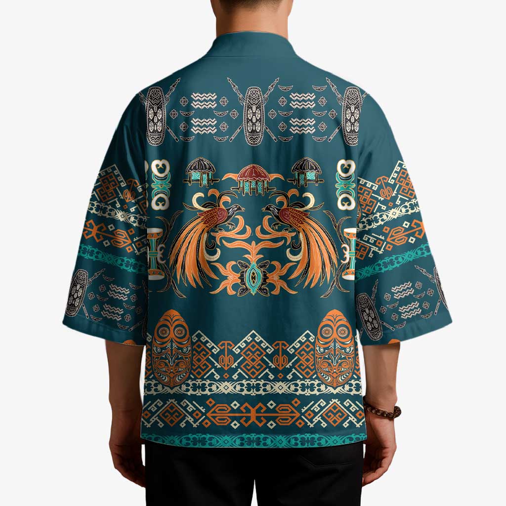 Dark Cyan Blue Batik Papua-inspired Pattern Kimono - Polynesian Pride