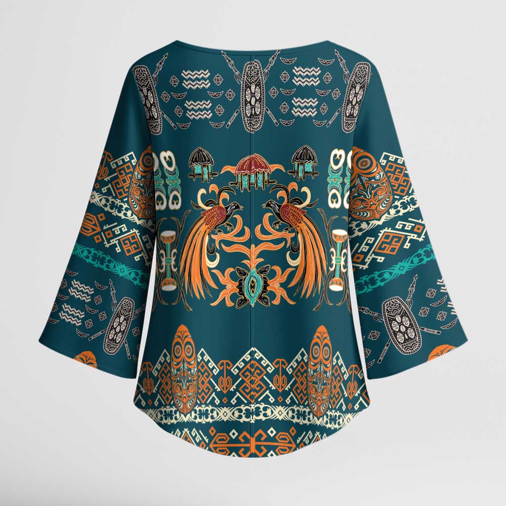 Dark Cyan Blue Batik Papua-inspired Pattern Kimono Sleeve Blouse - Polynesian Pride