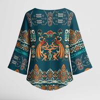 Dark Cyan Blue Batik Papua-inspired Pattern Kimono Sleeve Blouse - Polynesian Pride