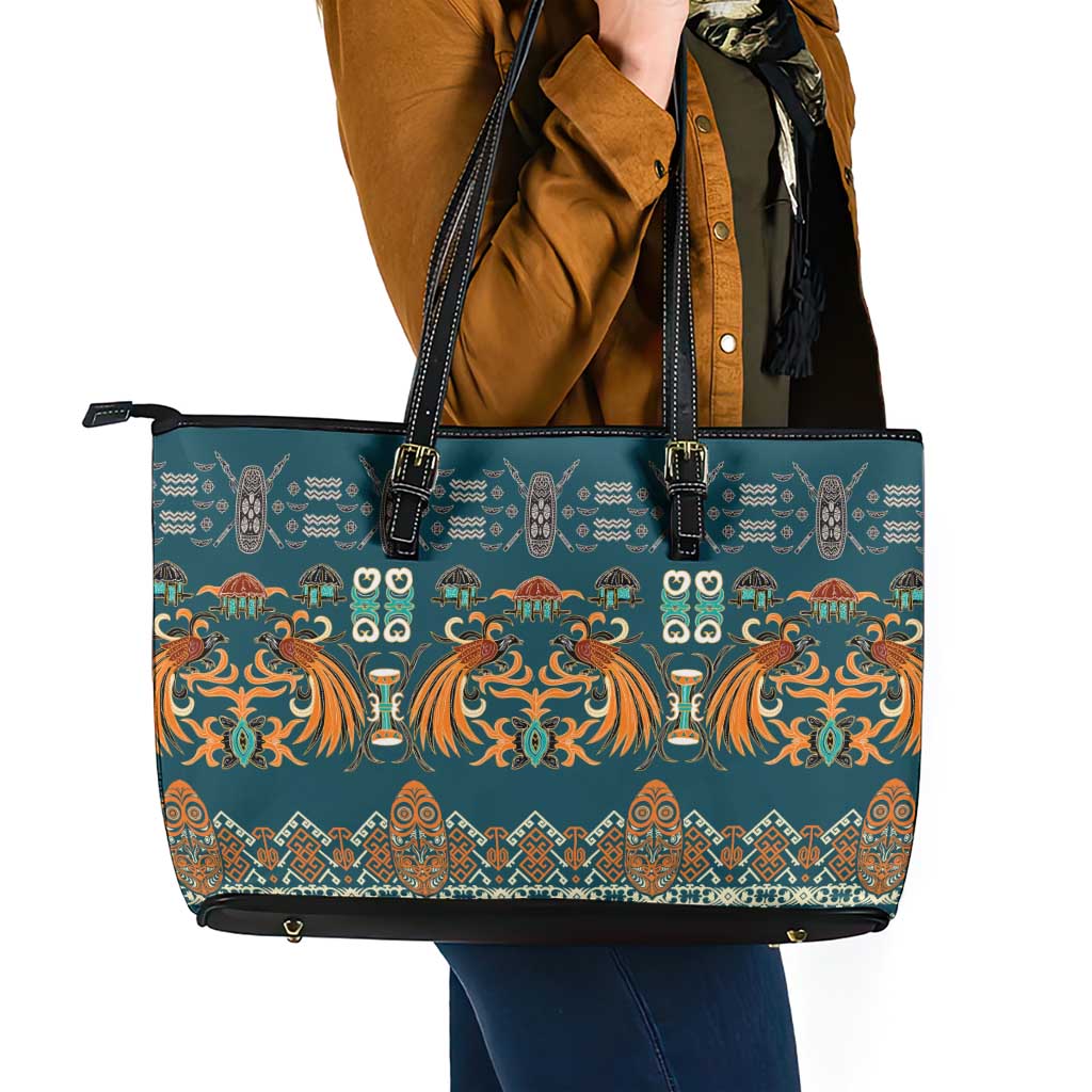 Dark Cyan Blue Batik Papua-inspired Pattern Leather Tote Bag - Polynesian Pride