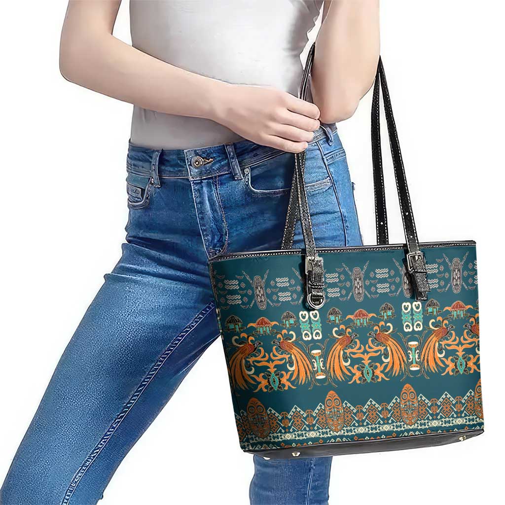 Dark Cyan Blue Batik Papua-inspired Pattern Leather Tote Bag - Polynesian Pride