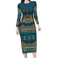 Dark Cyan Blue Batik Papua-inspired Pattern Long Sleeve Bodycon Dress - Polynesian Pride