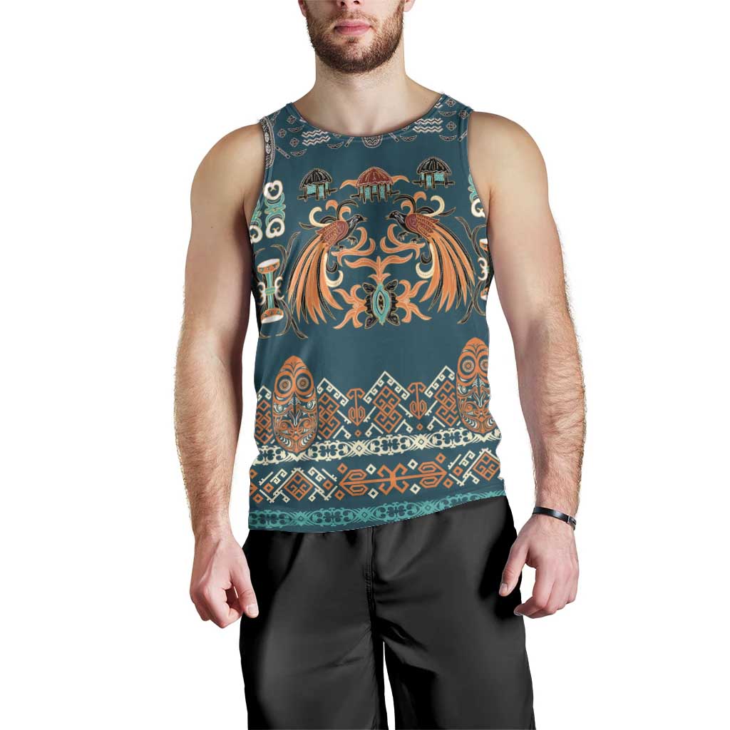 Dark Cyan Blue Batik Papua-inspired Pattern Men Tank Top - Polynesian Pride