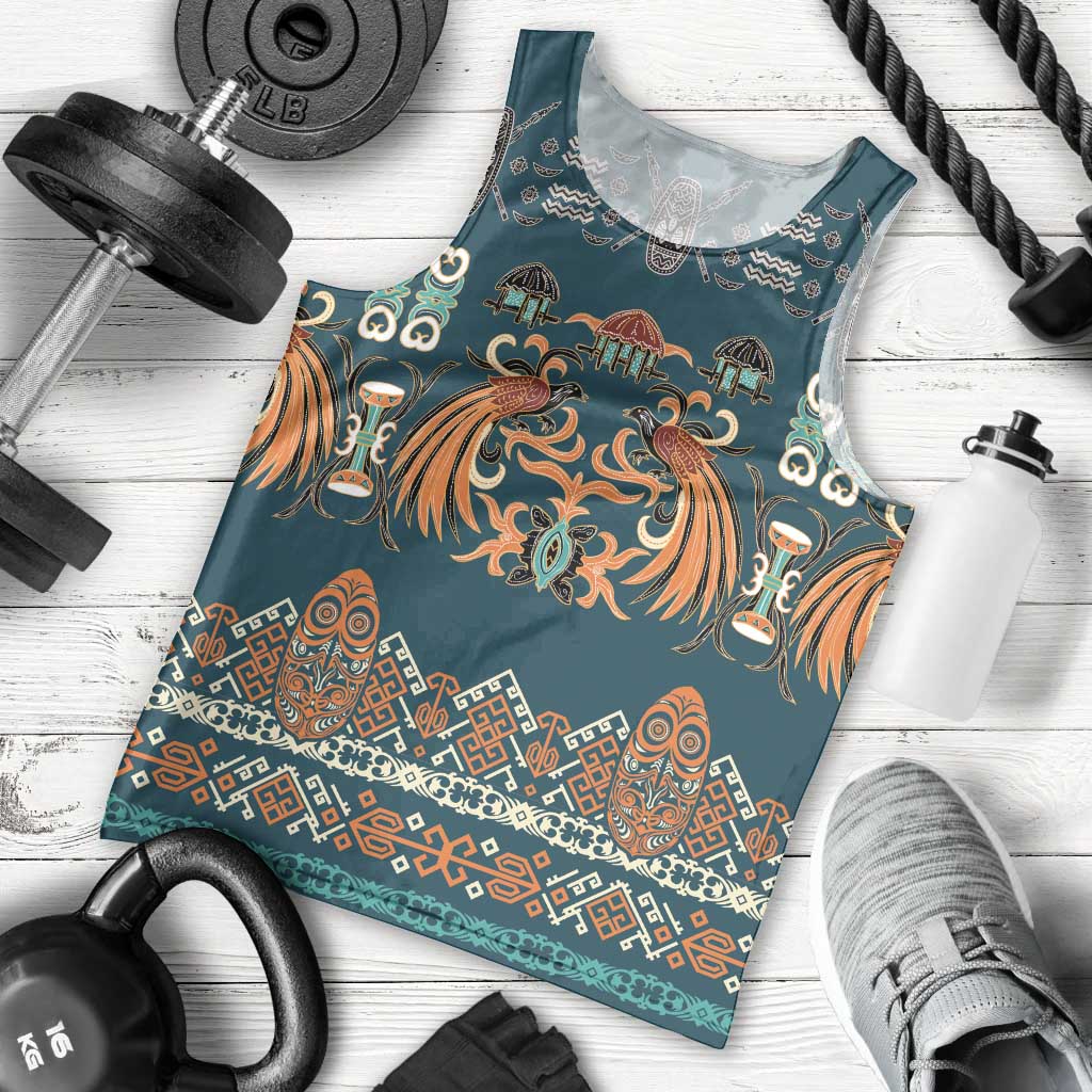 Dark Cyan Blue Batik Papua-inspired Pattern Men Tank Top - Polynesian Pride