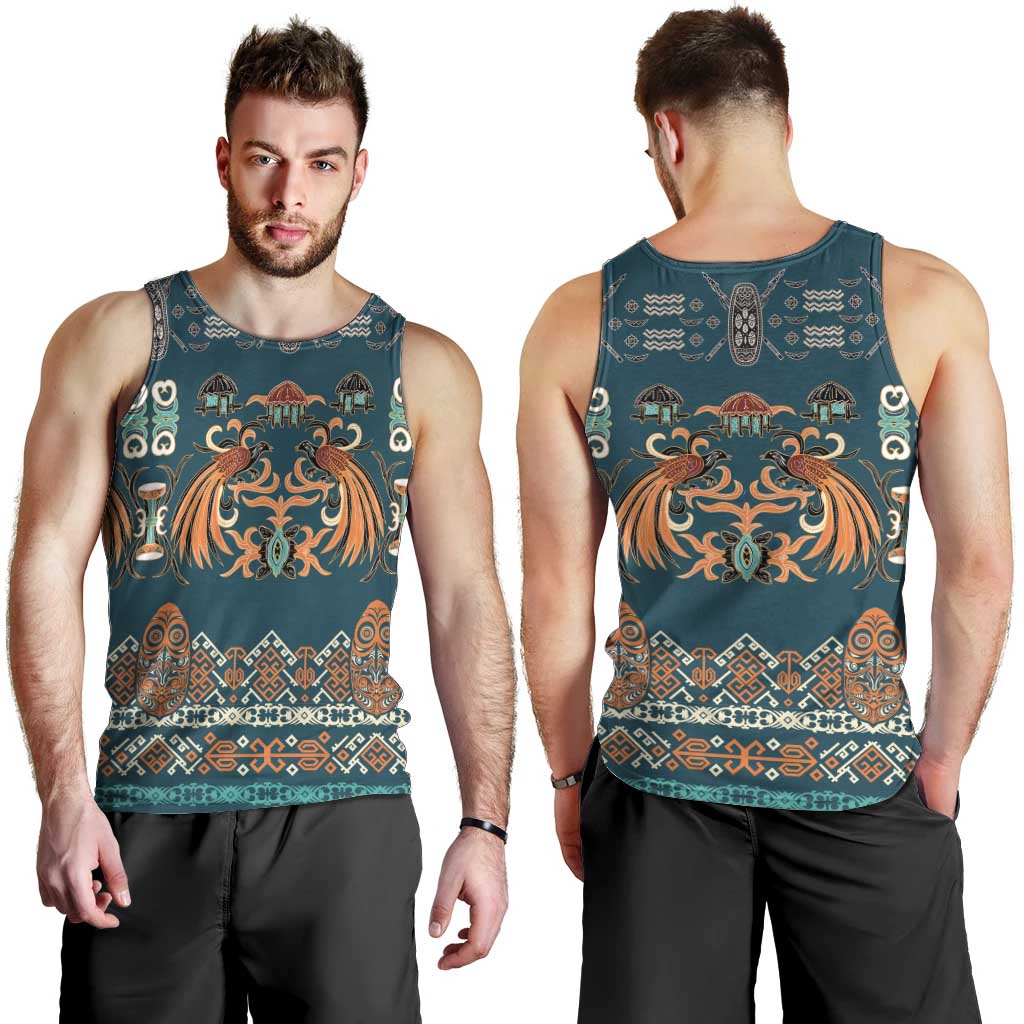 Dark Cyan Blue Batik Papua-inspired Pattern Men Tank Top - Polynesian Pride