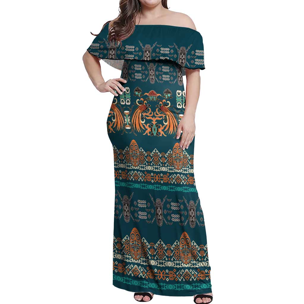 Dark Cyan Blue Batik Papua-inspired Pattern Off Shoulder Maxi Dress LT9 Women Blue - Polynesian Pride