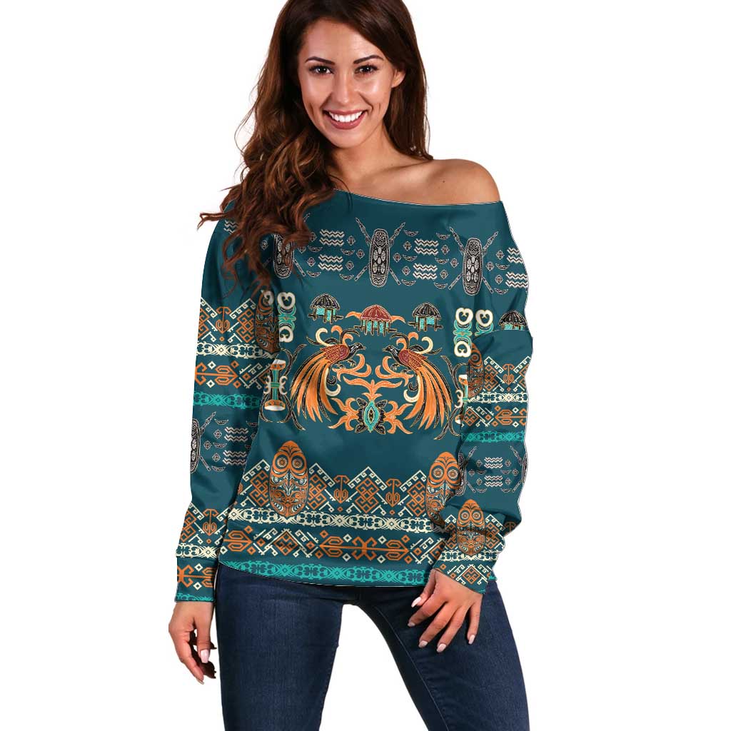 Dark Cyan Blue Batik Papua-inspired Pattern Off Shoulder Sweater - Polynesian Pride
