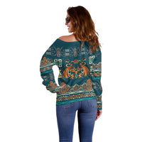 Dark Cyan Blue Batik Papua-inspired Pattern Off Shoulder Sweater - Polynesian Pride