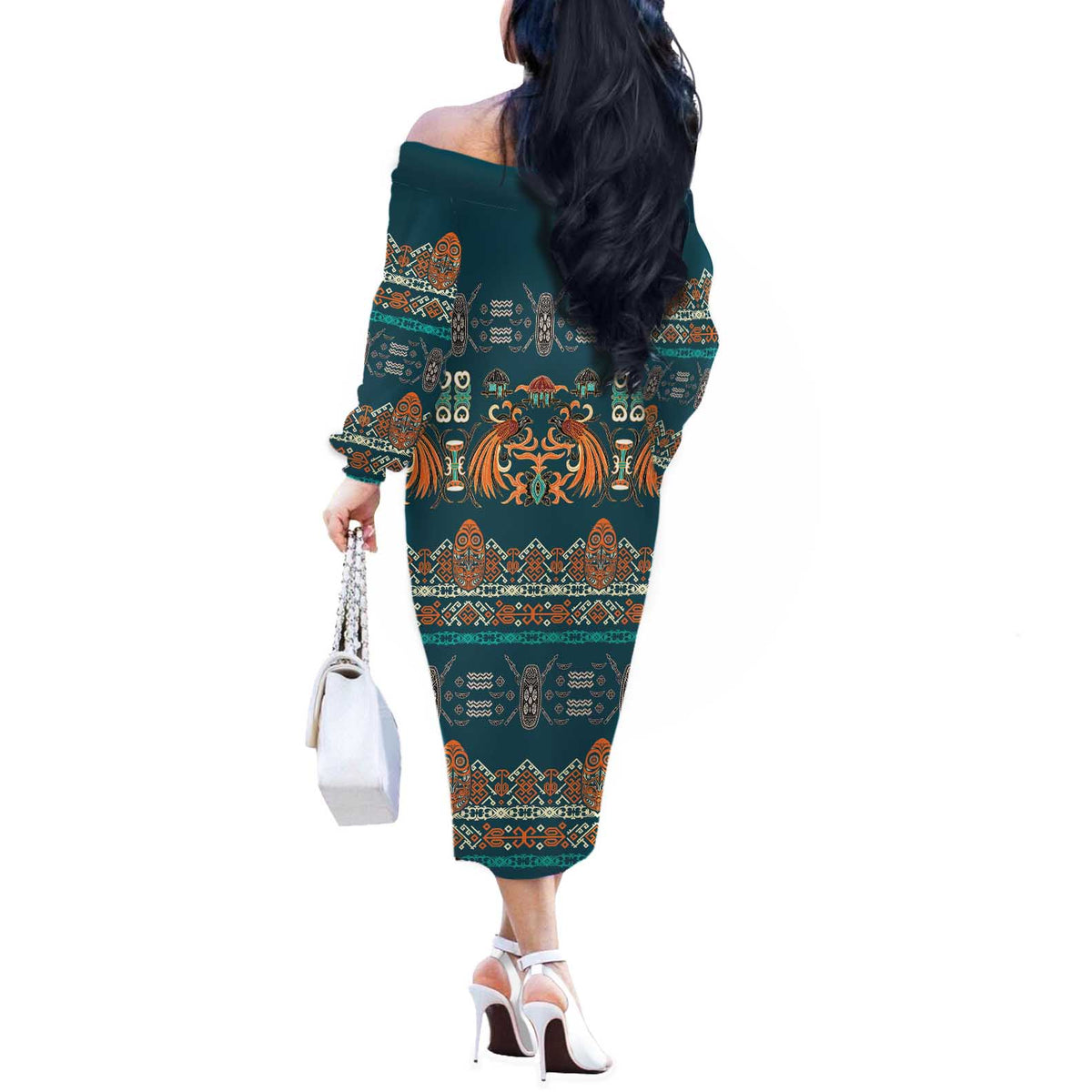 Dark Cyan Blue Batik Papua-inspired Pattern Off The Shoulder Long Sleeve Dress - Polynesian Pride