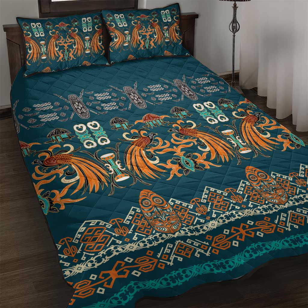 Dark Cyan Blue Batik Papua-inspired Pattern Quilt Bed Set - Polynesian Pride