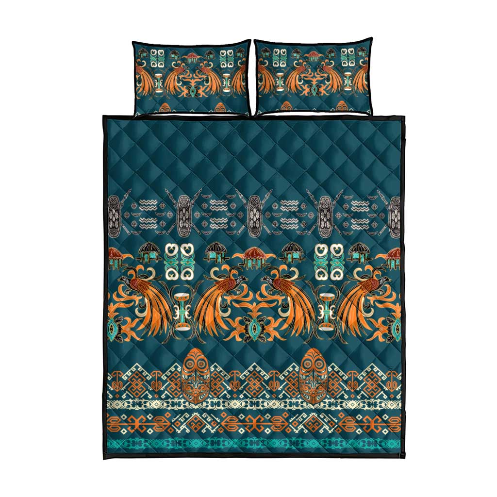 Dark Cyan Blue Batik Papua-inspired Pattern Quilt Bed Set - Polynesian Pride