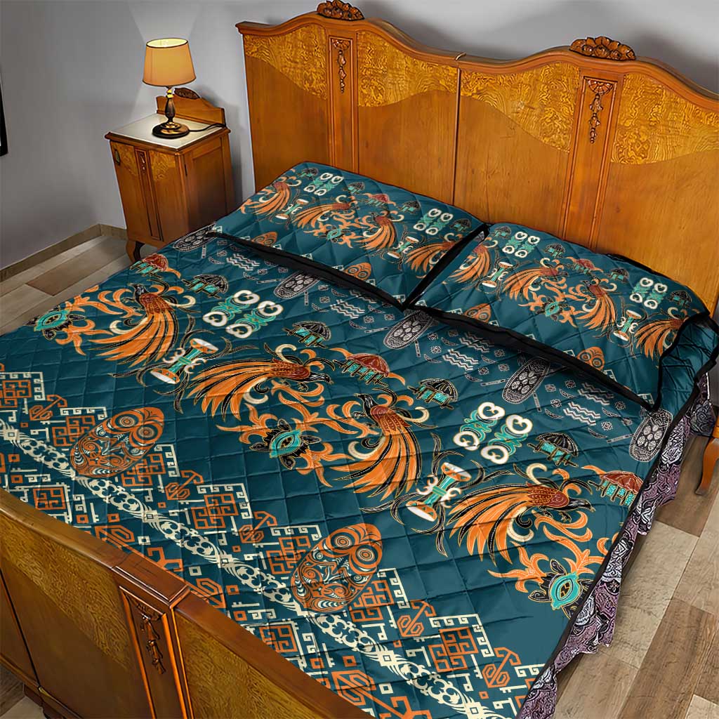 Dark Cyan Blue Batik Papua-inspired Pattern Quilt Bed Set - Polynesian Pride