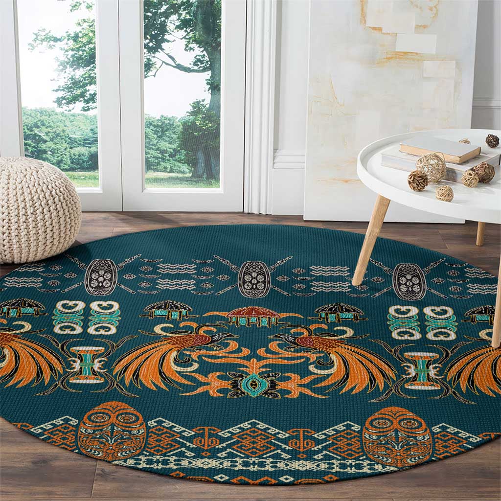 Dark Cyan Blue Batik Papua-inspired Pattern Round Carpet - Polynesian Pride