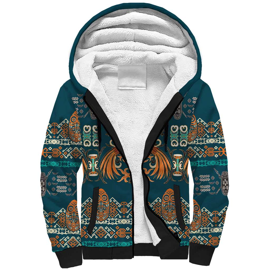 Dark Cyan Blue Batik Papua-inspired Pattern Sherpa Hoodie - Polynesian Pride