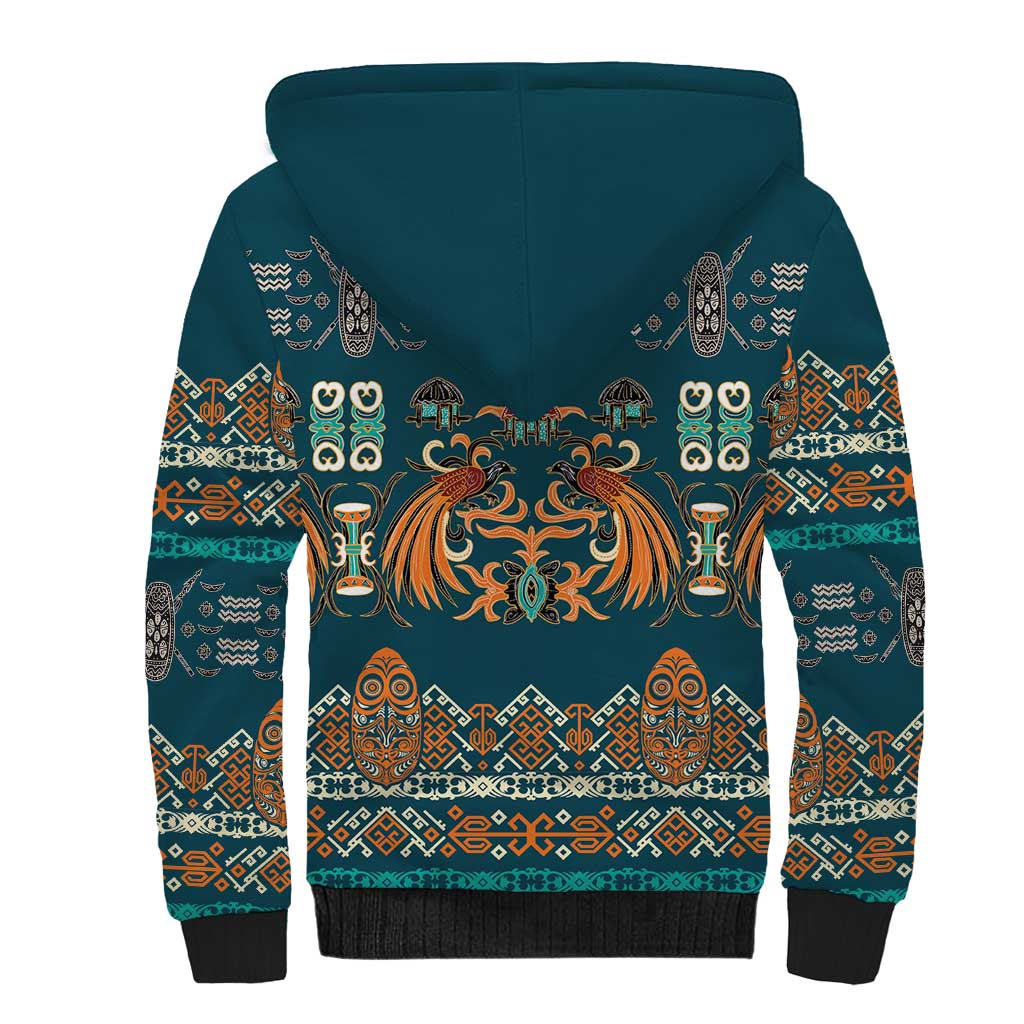 Dark Cyan Blue Batik Papua-inspired Pattern Sherpa Hoodie - Polynesian Pride